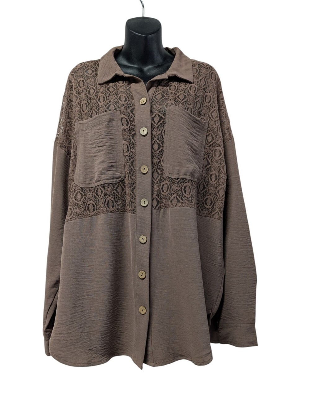 Daytrip Lace Yoke Button Down Shirt Brown Boho Long Sleeve Collared Top Sz Large